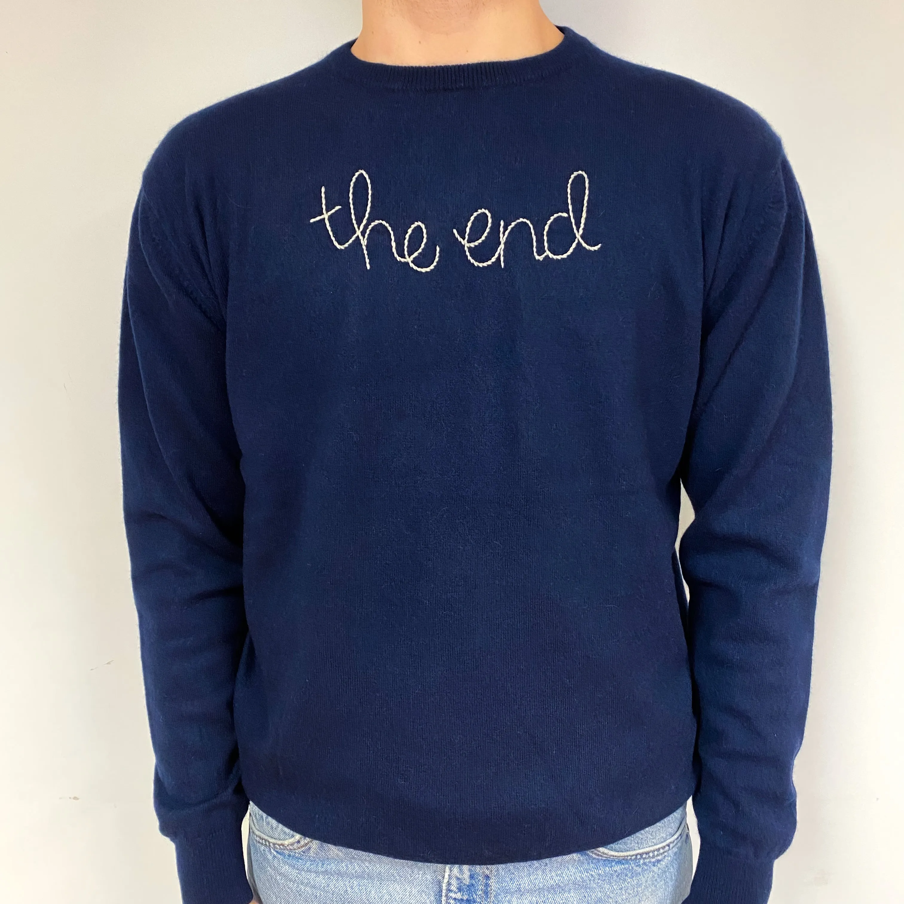 Men's Navy “ the end” Cashmere Crew Neck Jumper Large