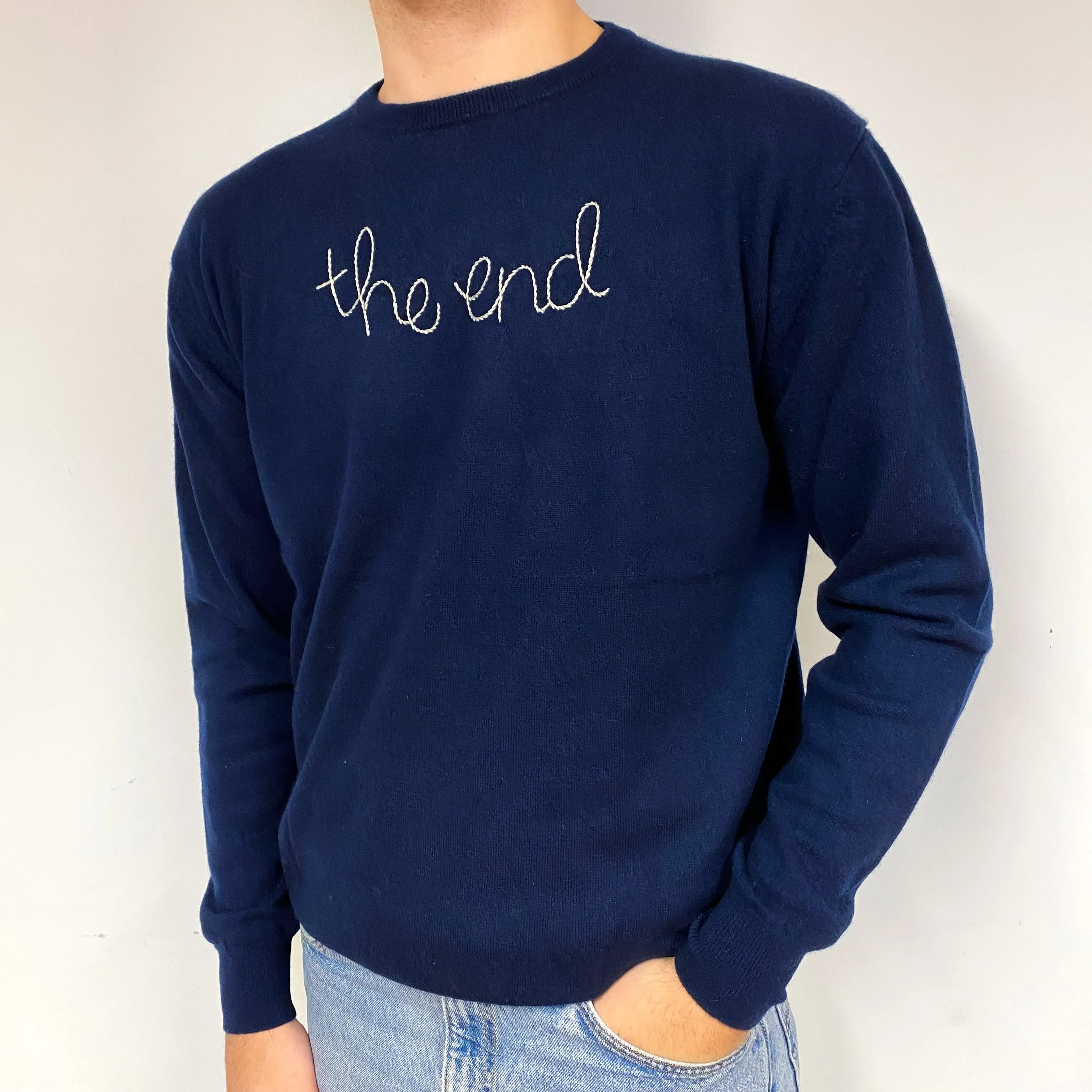 Men's Navy “ the end” Cashmere Crew Neck Jumper Large