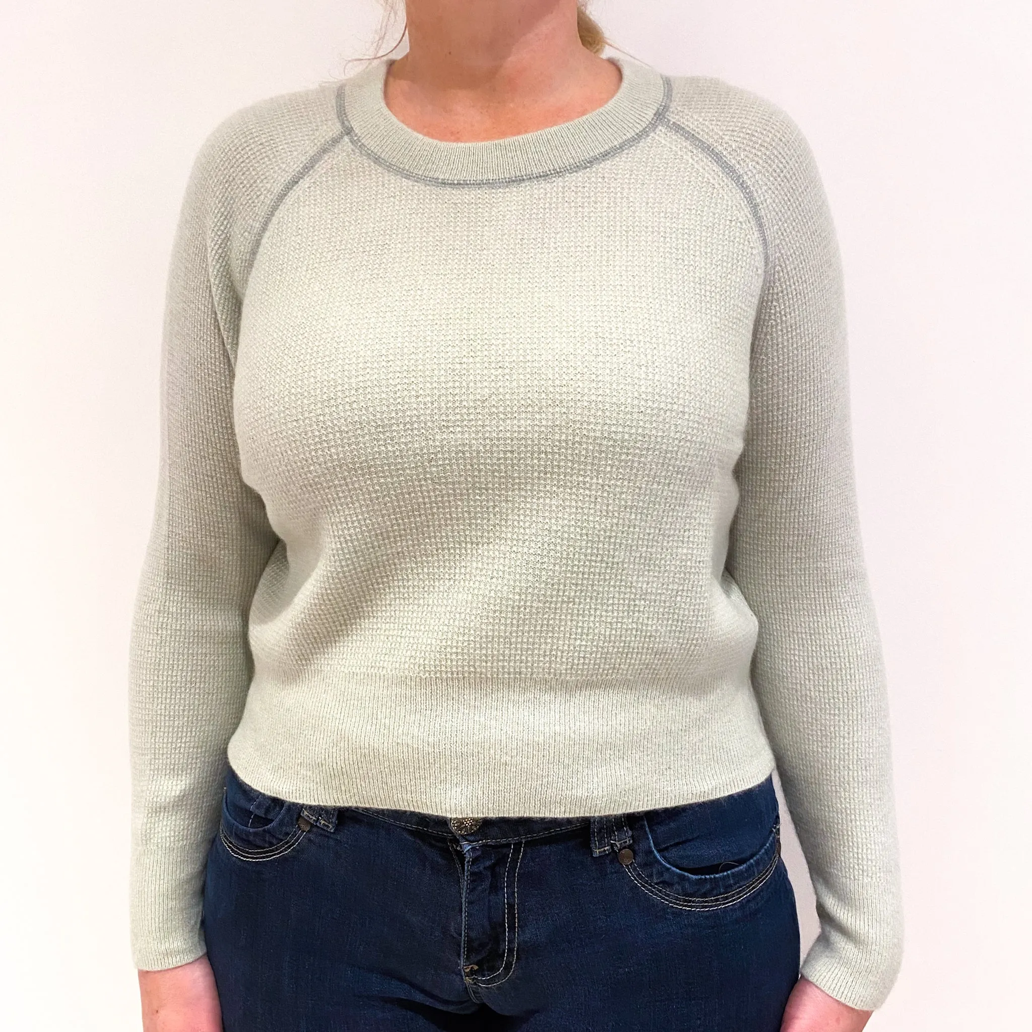 Mint Green Waffle Knit Cashmere Crew Neck Jumper Large