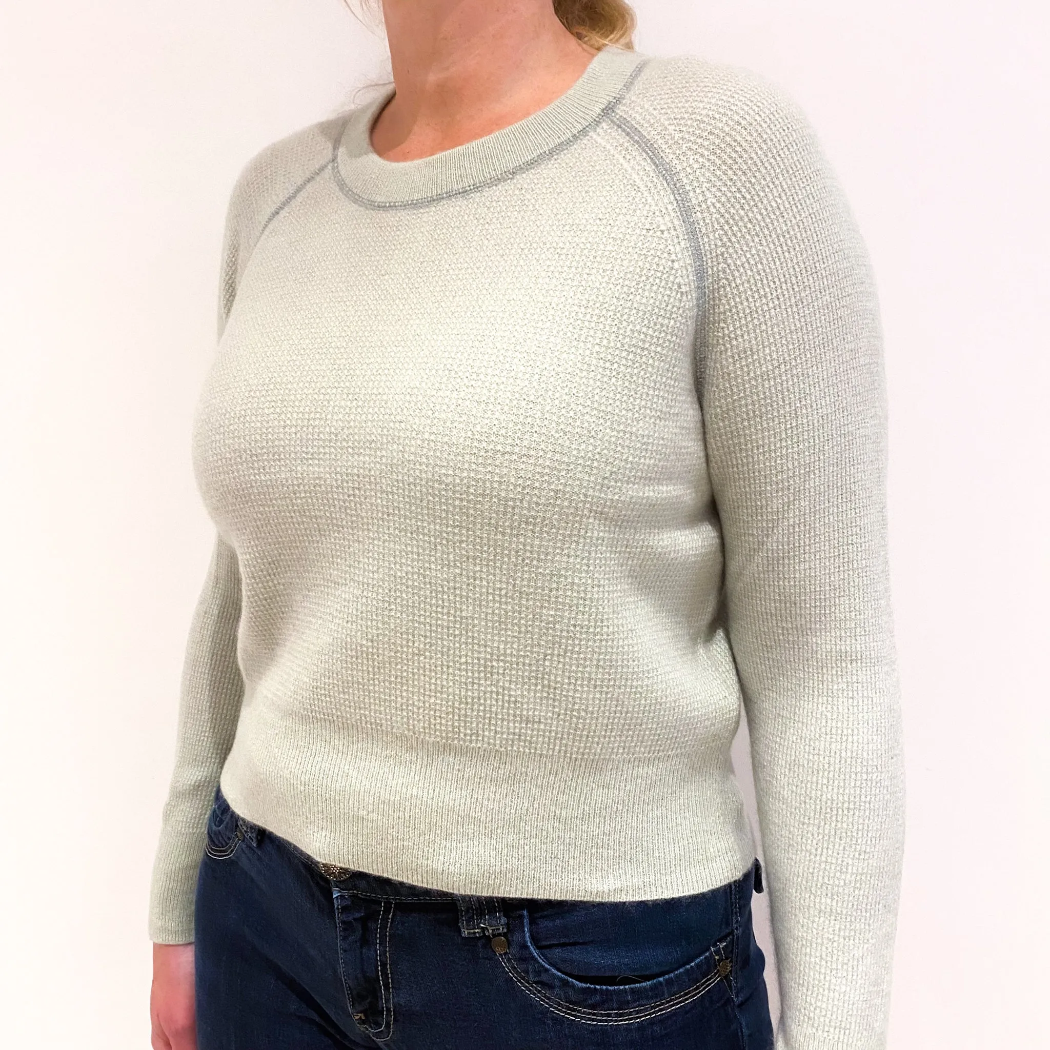 Mint Green Waffle Knit Cashmere Crew Neck Jumper Large