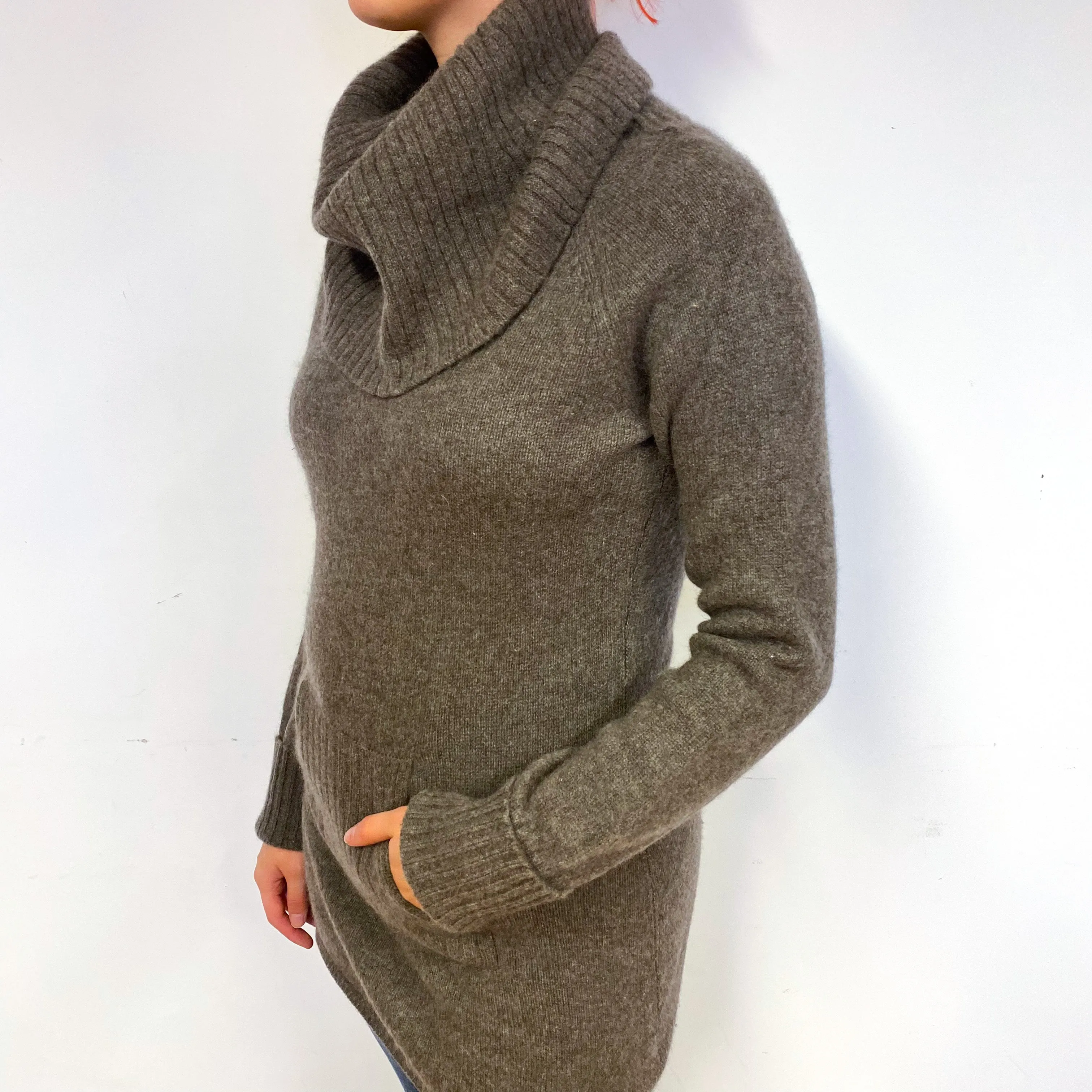 Mocha Brown Longline Cashmere Cowl Neck Jumper Small