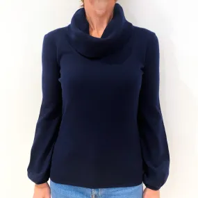 Navy Blue Balloon Sleeve Cashmere Cowl Neck Jumper Small