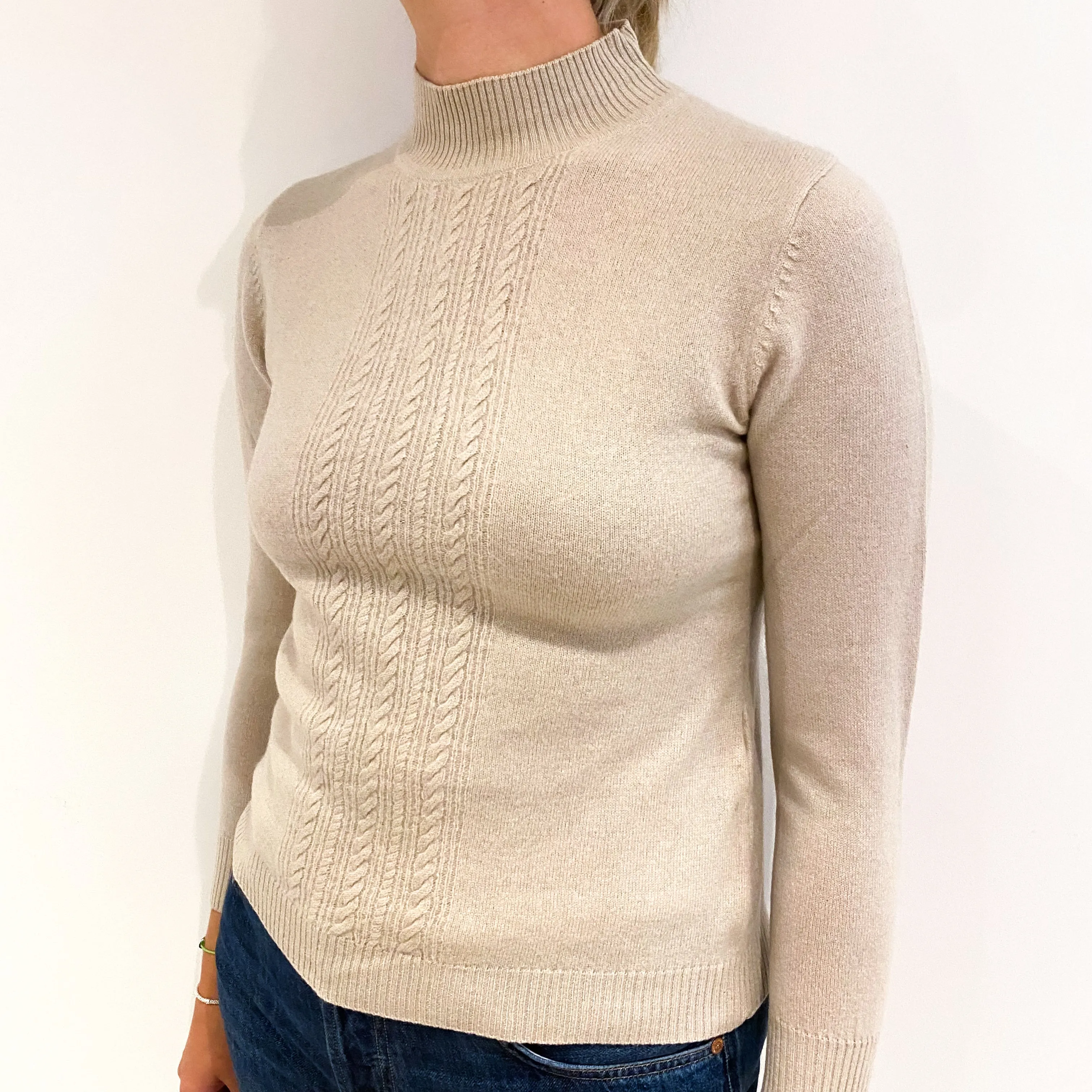 Oatmeal Beige Cable Detail Cashmere Turtle Neck Jumper Small