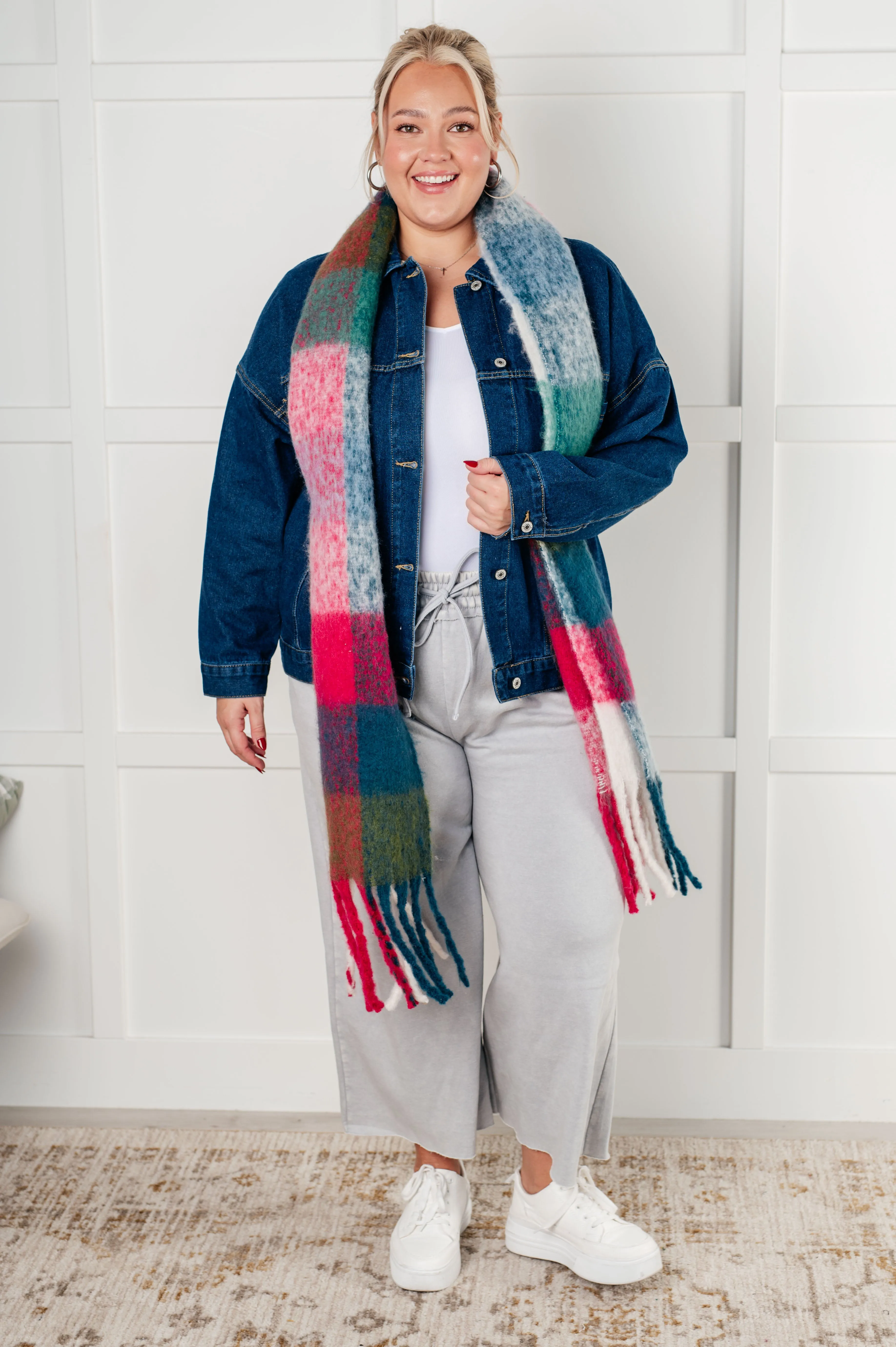 Oversized Plaid Fringe Scarf - Magenta and Teal