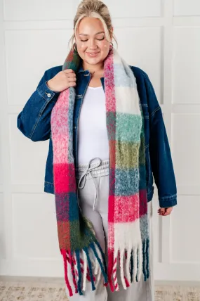 Oversized Plaid Fringe Scarf - Magenta and Teal