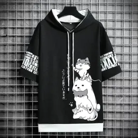 Playful Cartoon Cat Short Sleeve Hoodie