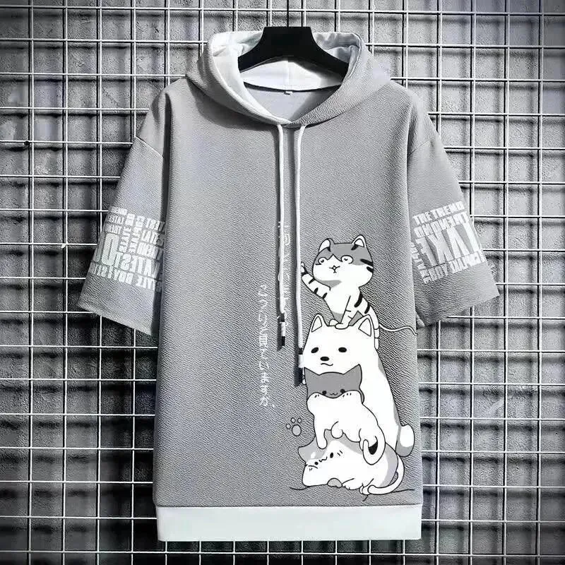 Playful Cartoon Cat Short Sleeve Hoodie