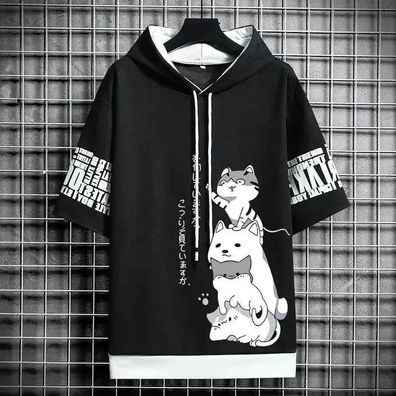 Playful Cartoon Cat Short Sleeve Hoodie