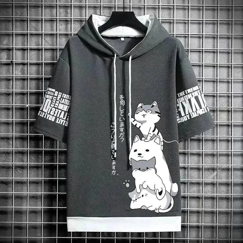 Playful Cartoon Cat Short Sleeve Hoodie