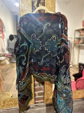 Pure wool reversible embroidered cape-navy/green
