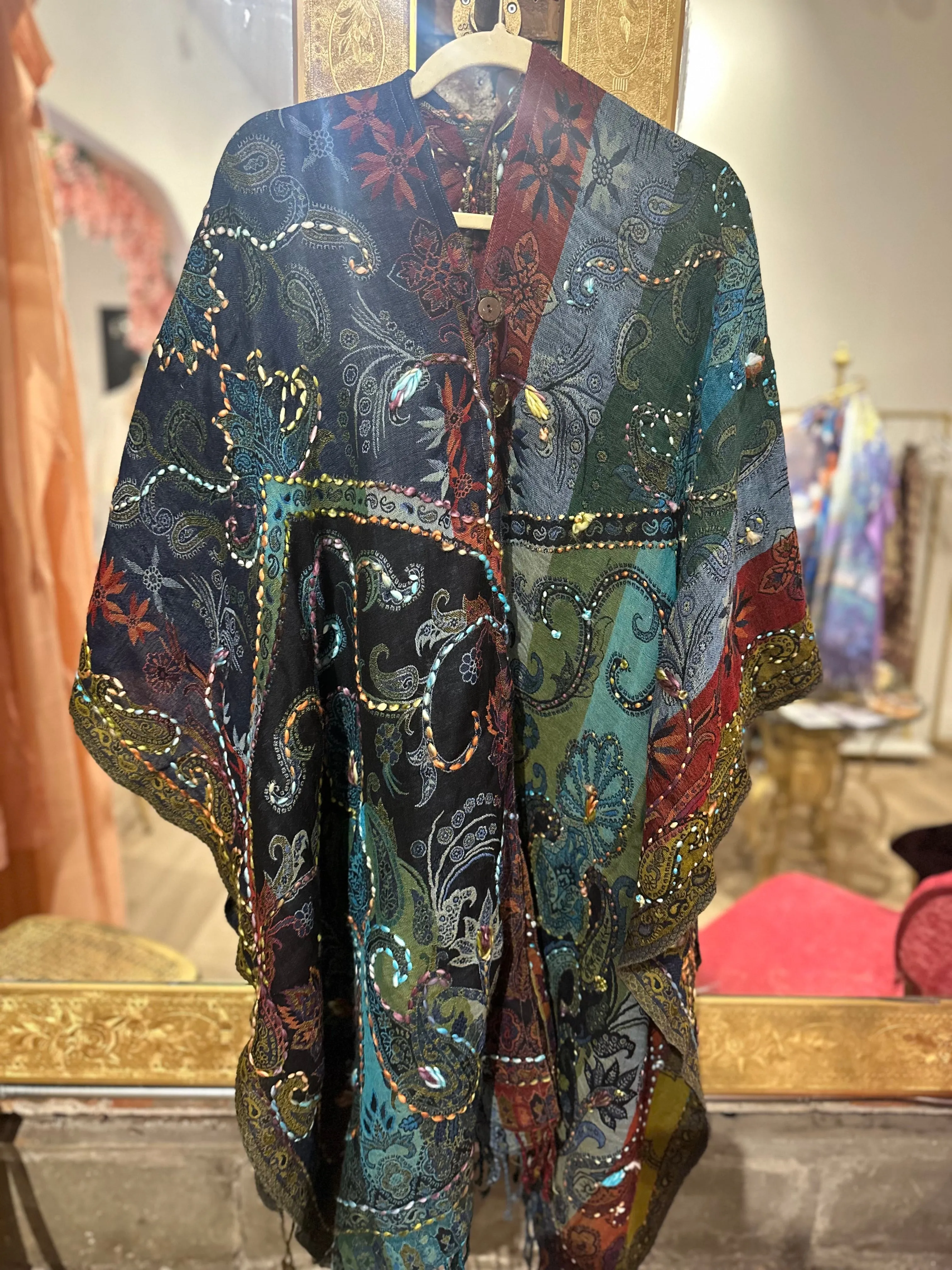 Pure wool reversible embroidered cape-navy/green