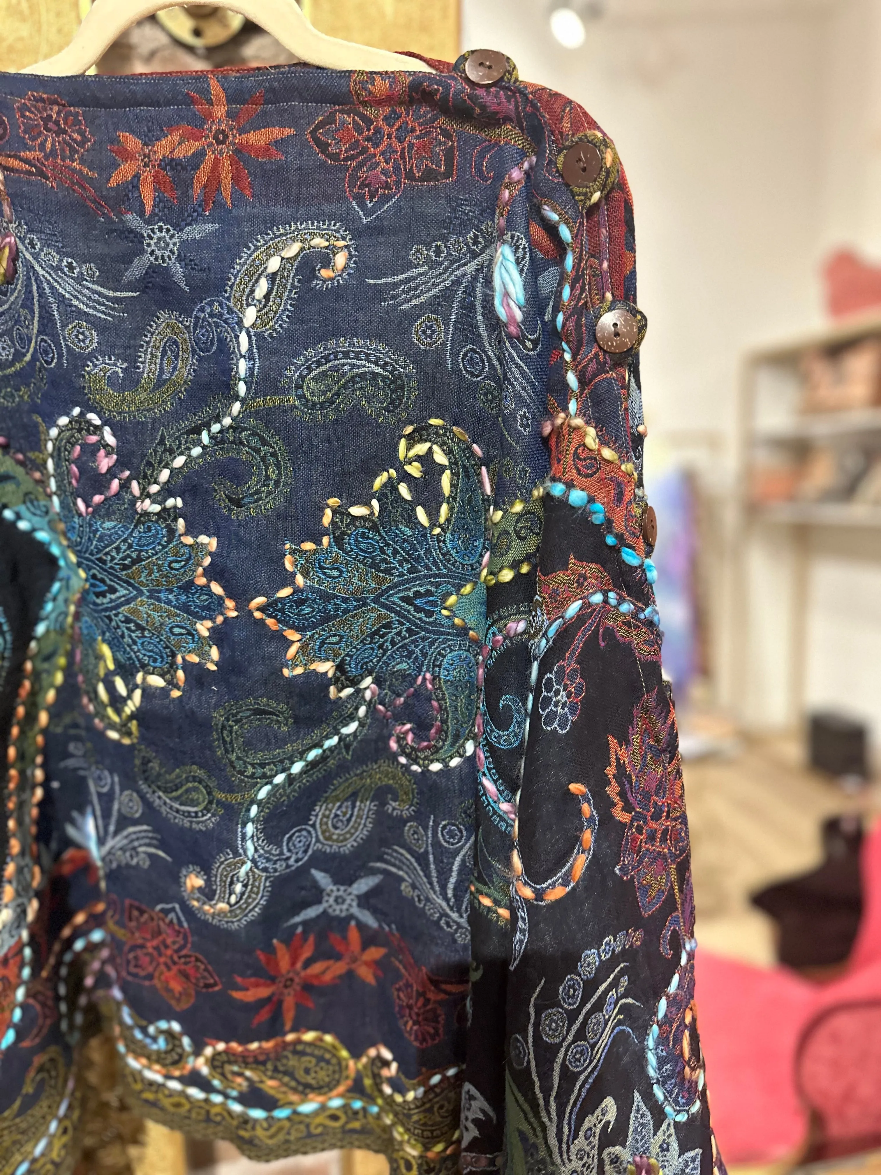 Pure wool reversible embroidered cape-navy/green