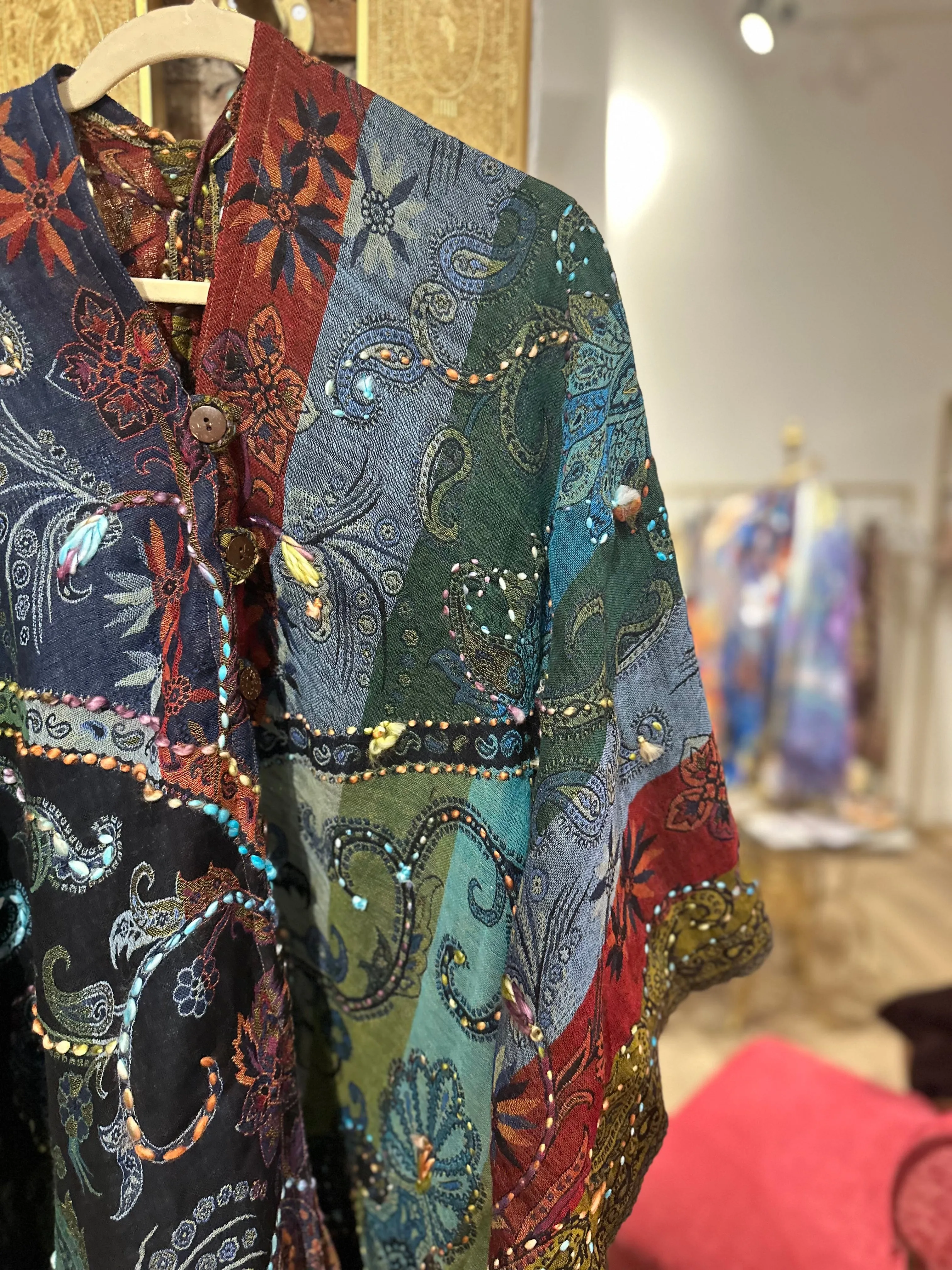 Pure wool reversible embroidered cape-navy/green