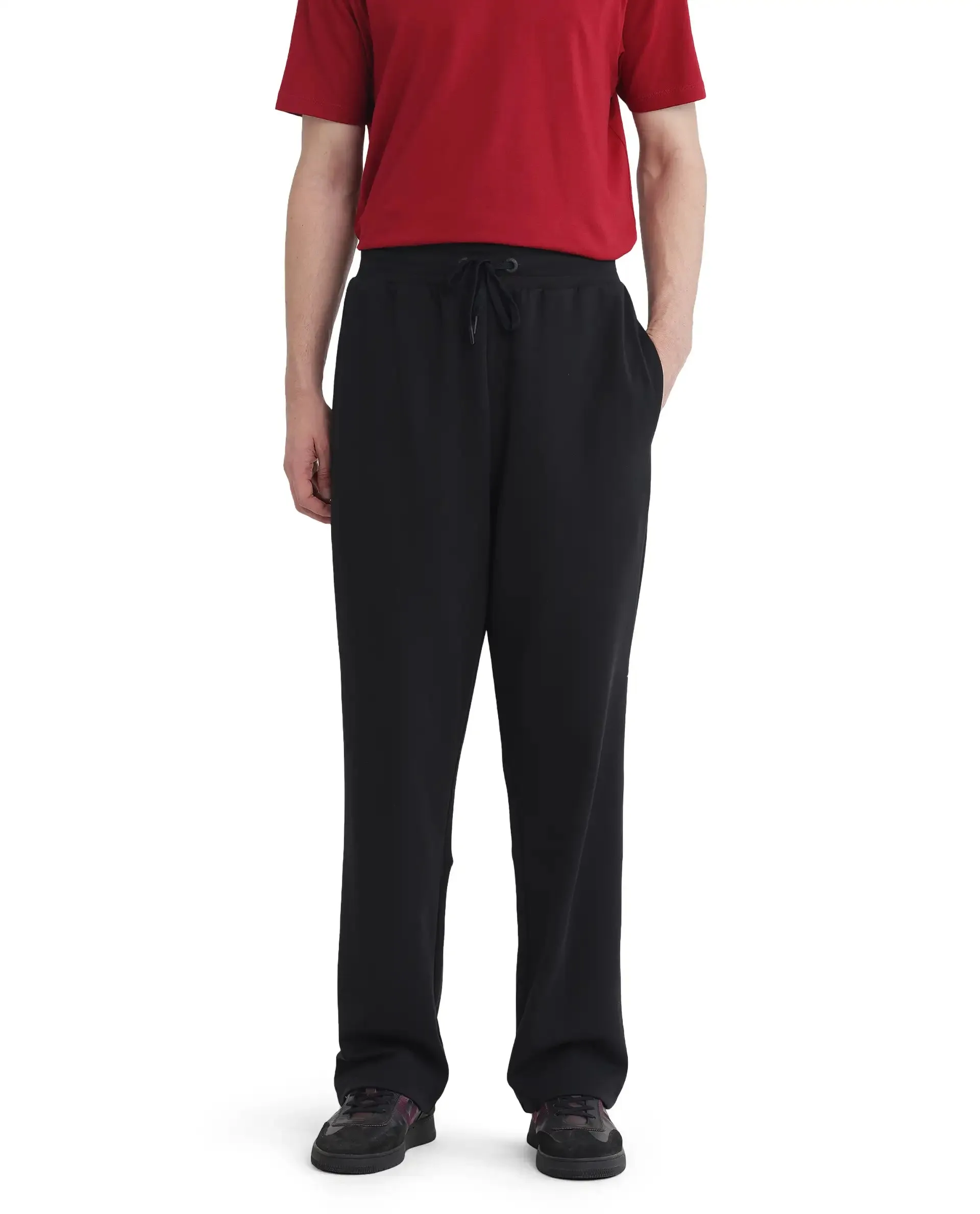 Rare Rabbit Men Dalton Black Cotton Elastane Fabric Baggy Fit Drawstring Closure Plain Trouser