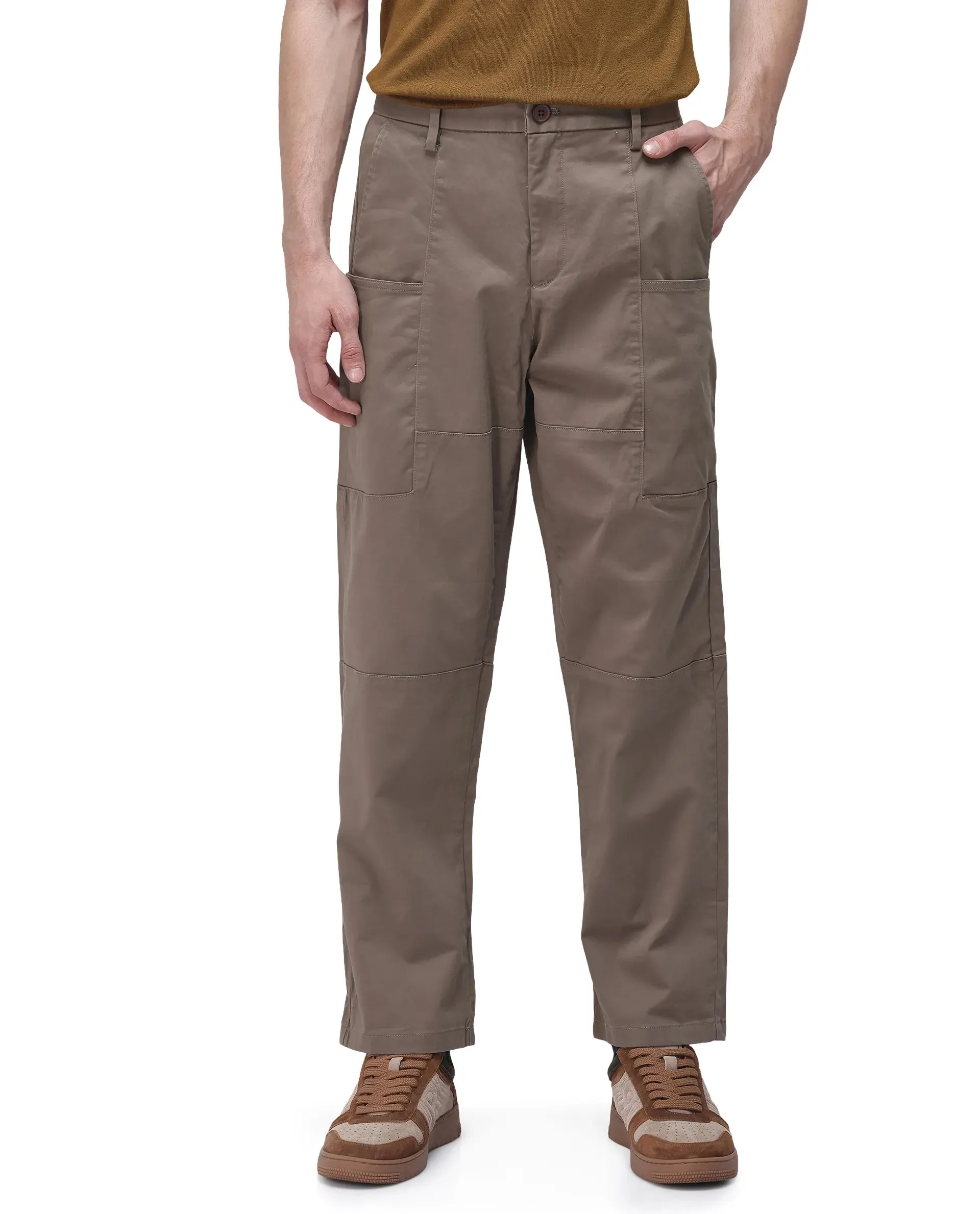 Rare Rabbit Men's Petro Dusky Olive Cotton Elastane Fabric Straight Fit Cargo Style Trouser