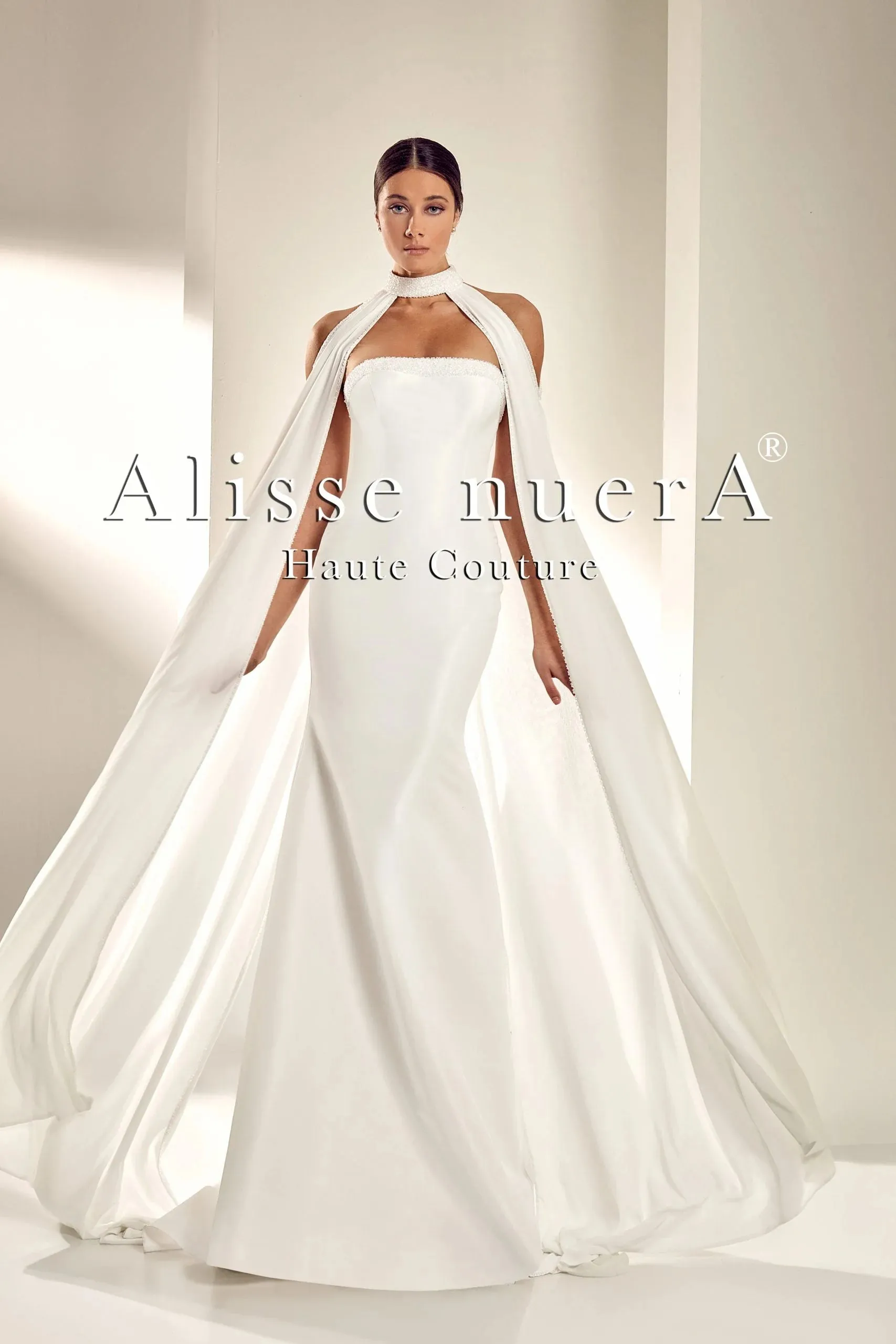 Simple Bridal Gown with High Neck Floor Length Flare Chiffon Bridal Cape
