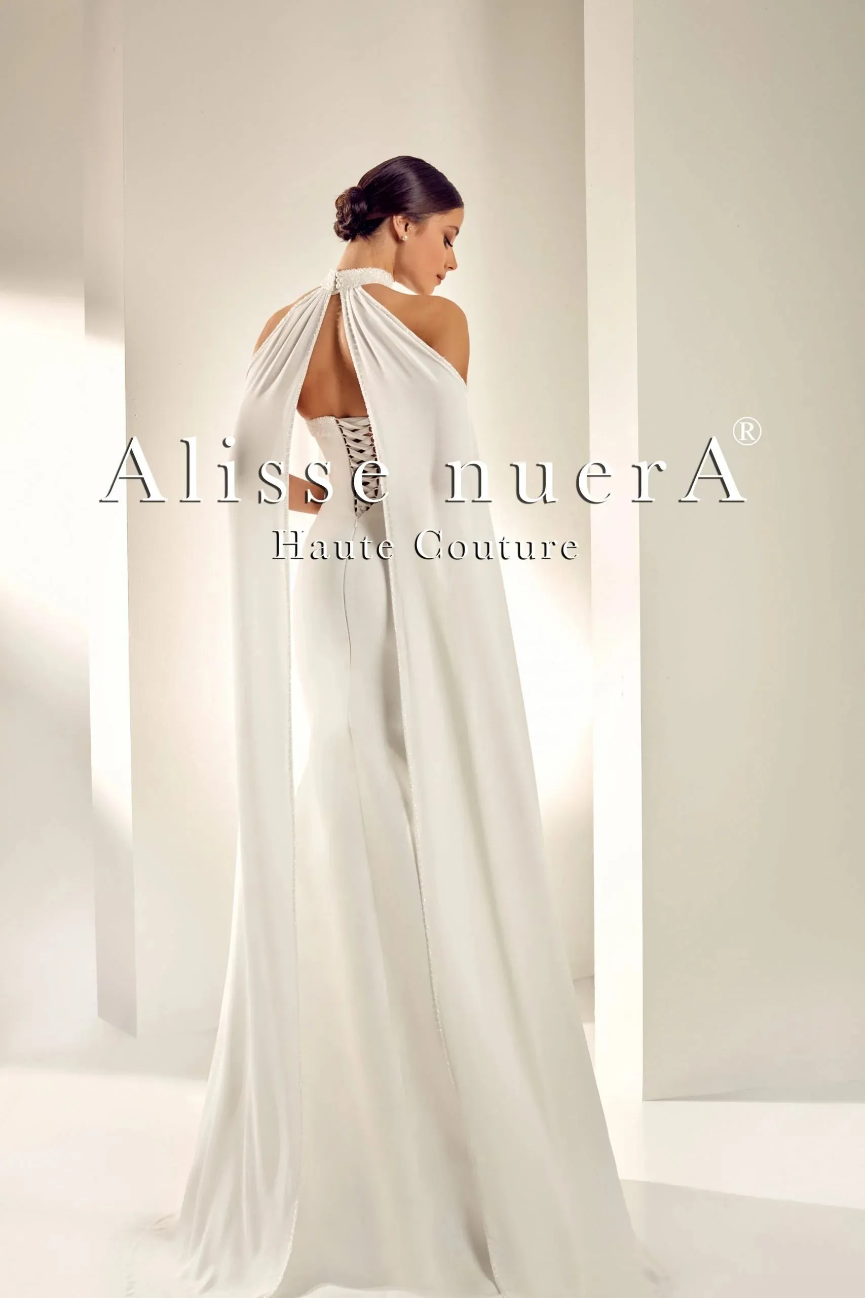 Simple Bridal Gown with High Neck Floor Length Flare Chiffon Bridal Cape