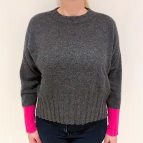 Slate Grey and Hot Pink Cashmere Crew Neck Jumper Large