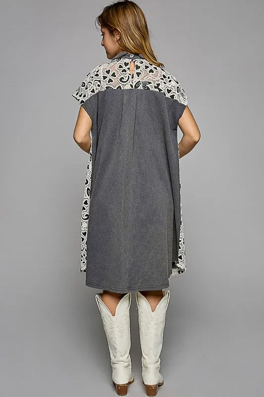 Swept Away Crochet Overlay Button Front Short Sleeve Shirt Dress