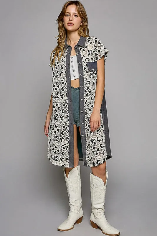 Swept Away Crochet Overlay Button Front Short Sleeve Shirt Dress