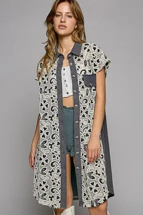Swept Away Crochet Overlay Button Front Short Sleeve Shirt Dress