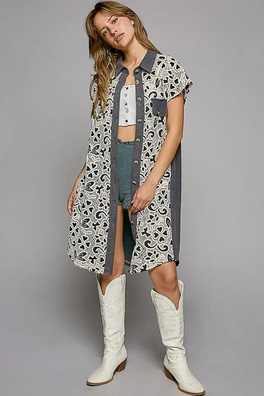 Swept Away Crochet Overlay Button Front Short Sleeve Shirt Dress