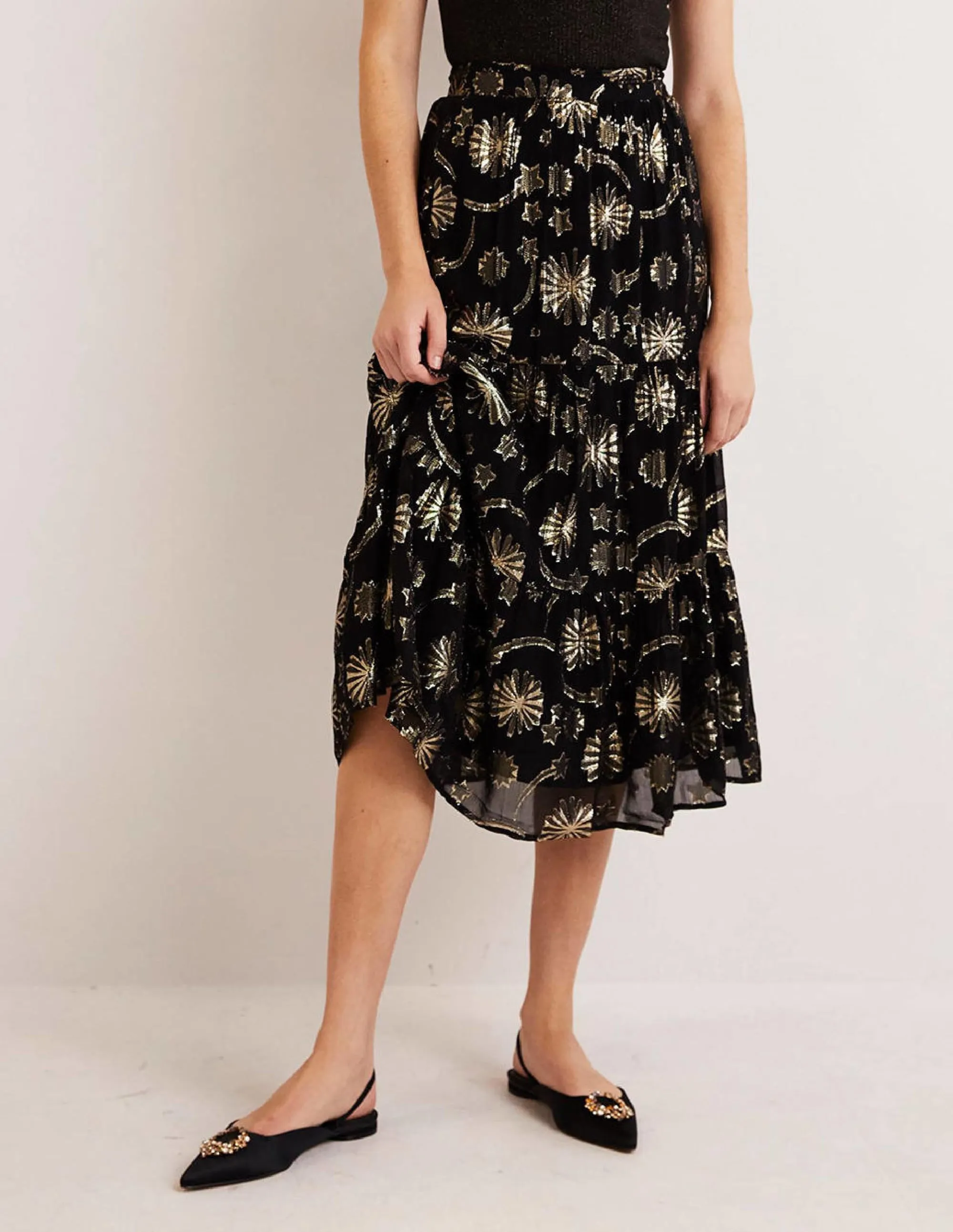 Tiered Midi Skirt-Lurex Jacquard