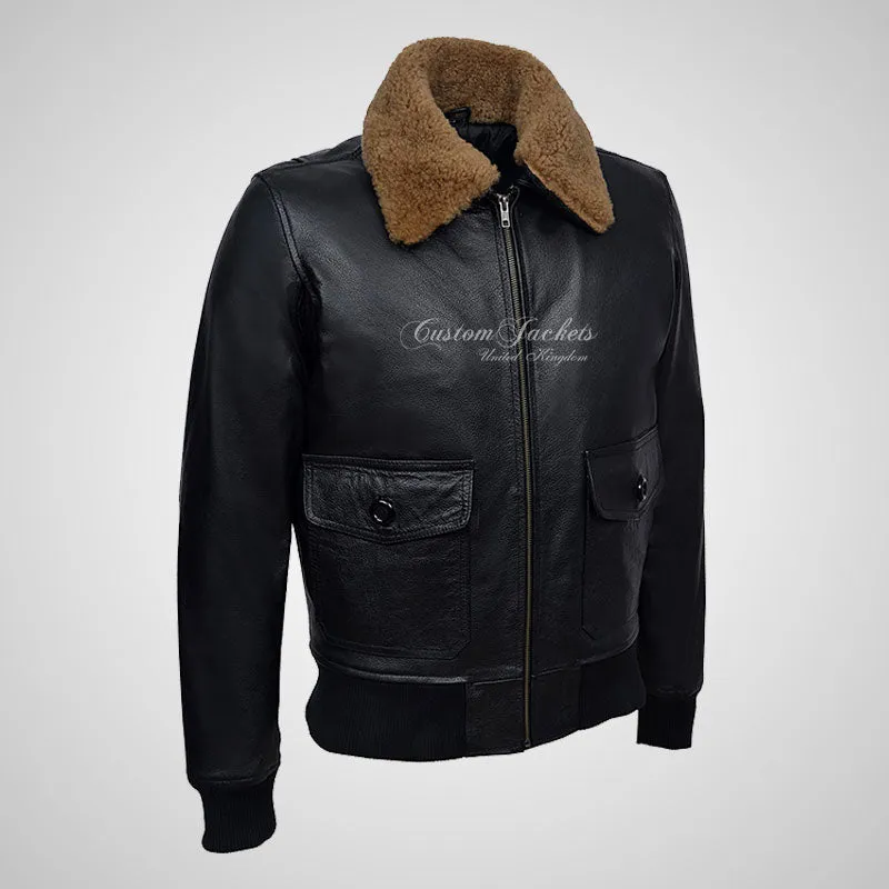 TOP GUN Men's Bomber Leather Jacket Natural Fur Collar