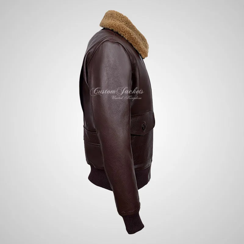 TOP GUN Men's Bomber Leather Jacket Natural Fur Collar