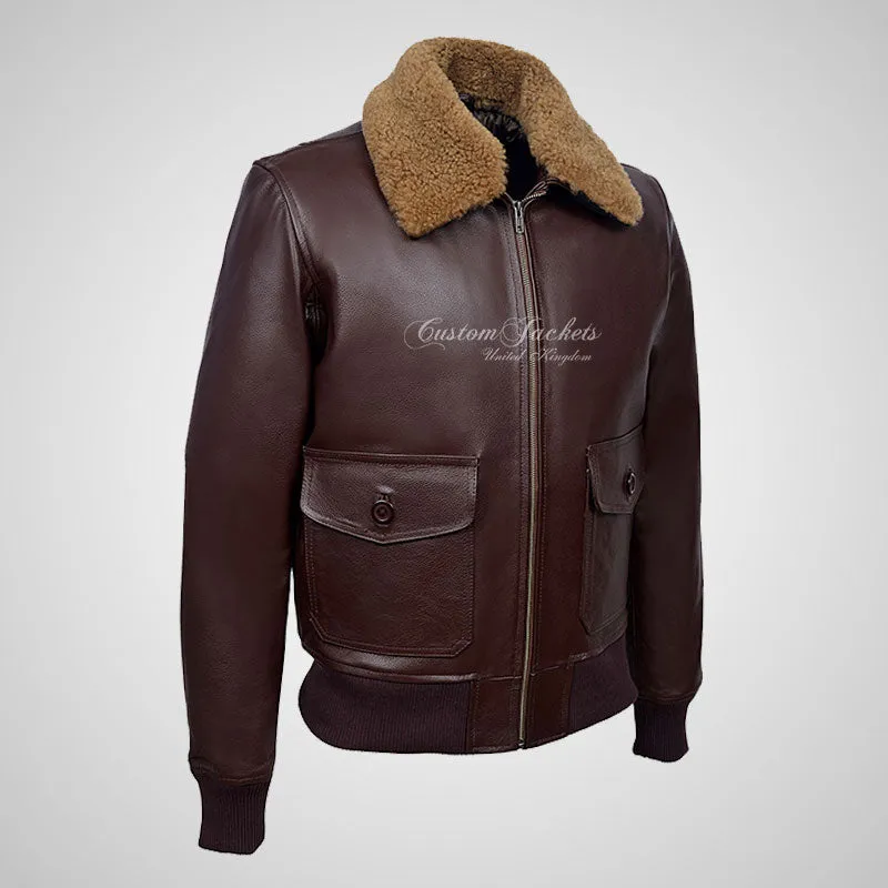 TOP GUN Men's Bomber Leather Jacket Natural Fur Collar