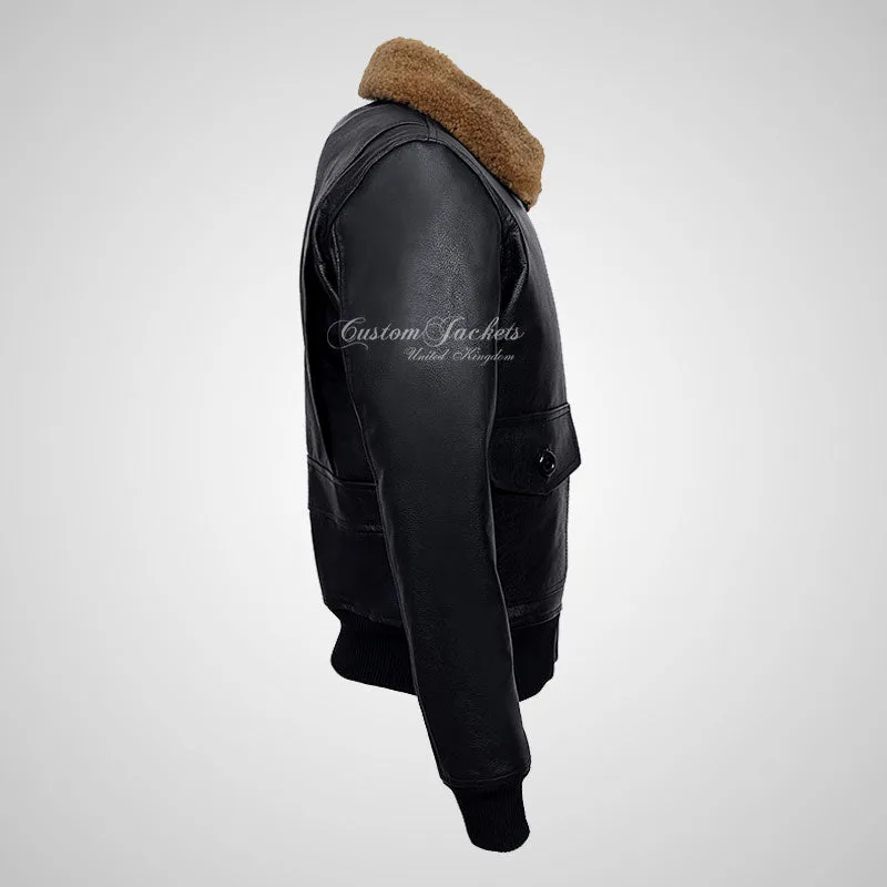 TOP GUN Men's Bomber Leather Jacket Natural Fur Collar