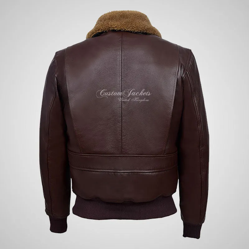 TOP GUN Men's Bomber Leather Jacket Natural Fur Collar