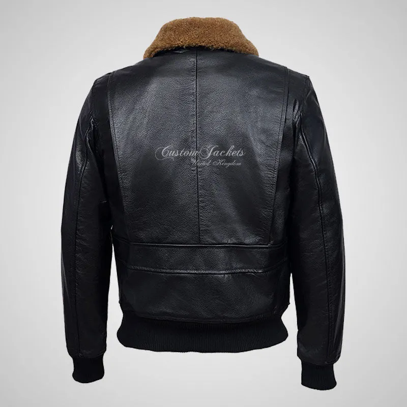TOP GUN Men's Bomber Leather Jacket Natural Fur Collar