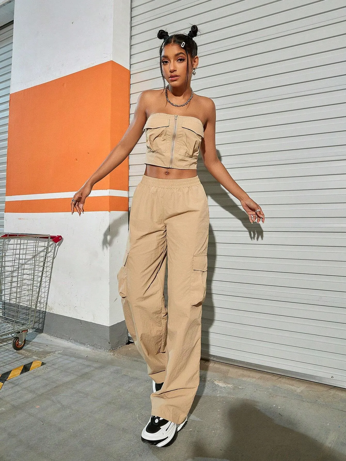 Tube Top And Flap Pocket Wide Leg Cargo Pants