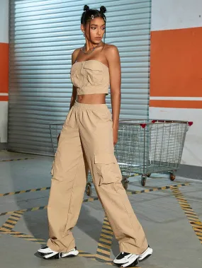 Tube Top And Flap Pocket Wide Leg Cargo Pants