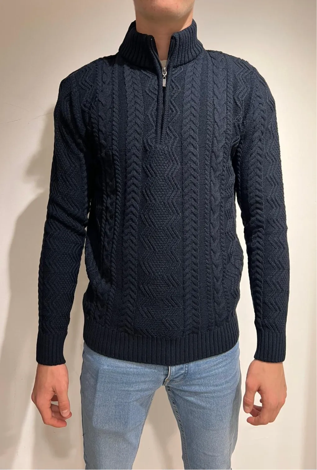 White Lable 1/4 zip cable knitted jumper Navy