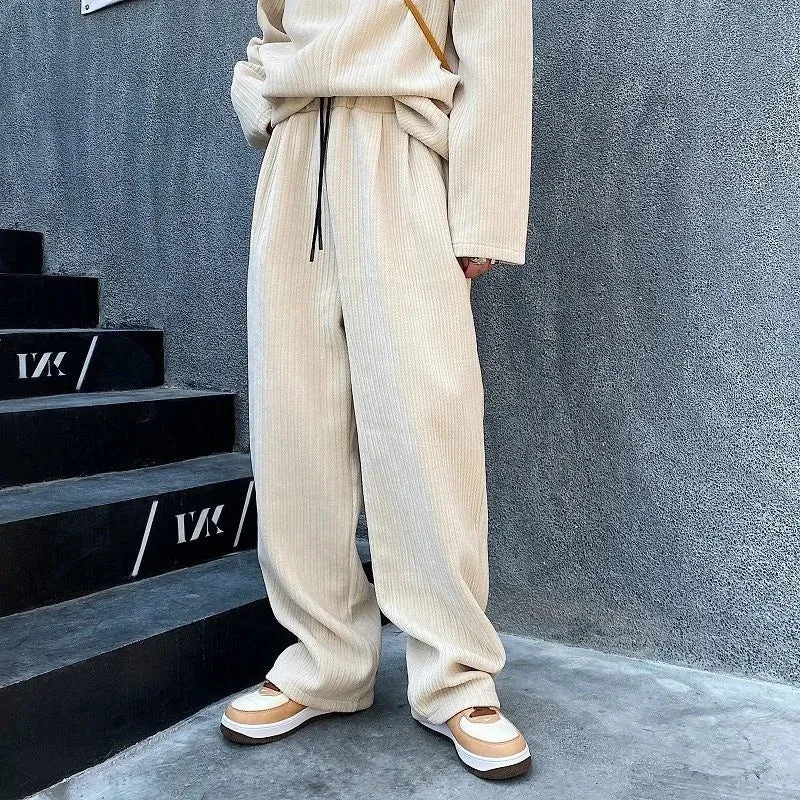 Wiaofellas  -  Thickened Men Chenille Velvet Jacquard Male Drawstring Pants Fashion Trendy Versatile Wide Leg Pants New Autumn Winter