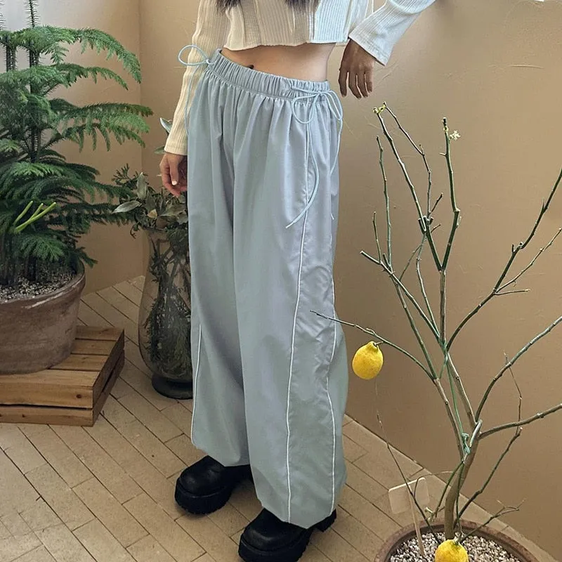 Women Spring Retro Solid Loose Drawstring Trousers