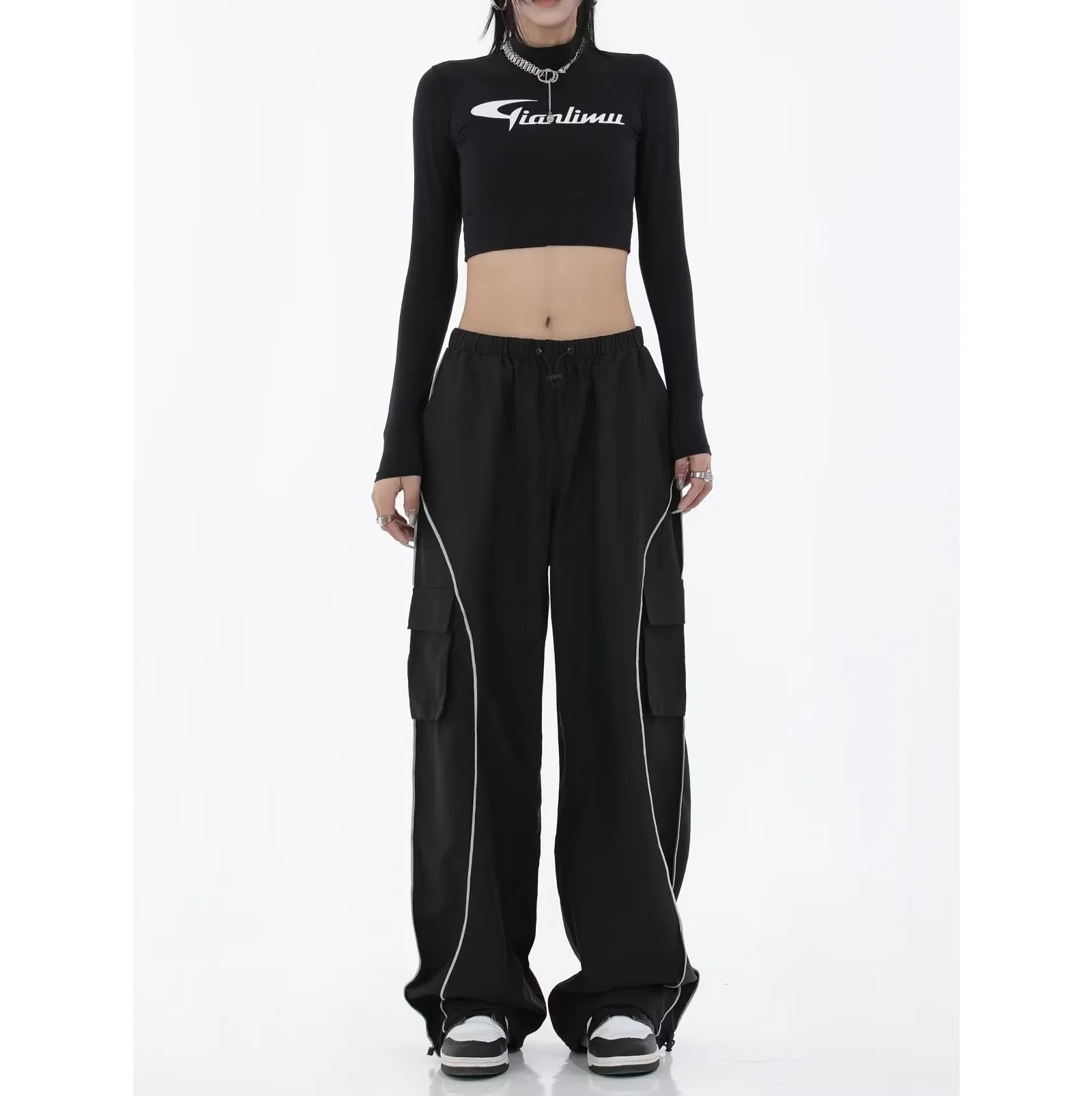 Women Spring Retro Solid Loose Drawstring Trousers