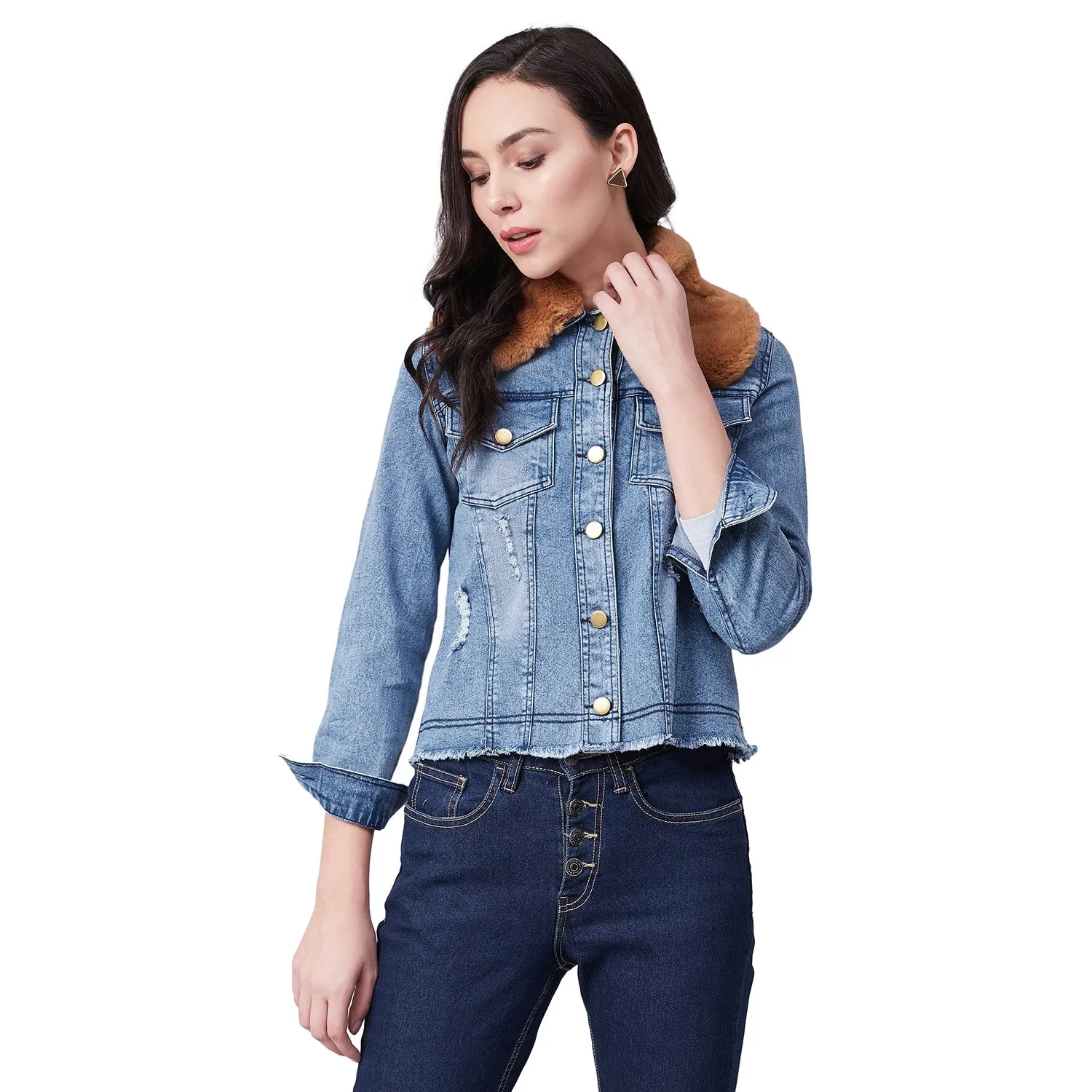 Women's Distressed Denim Jacket with Detachable Brown Fur Collar - StyleStone