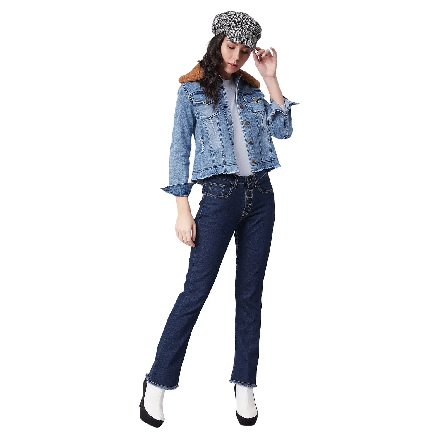 Women's Distressed Denim Jacket with Detachable Brown Fur Collar - StyleStone