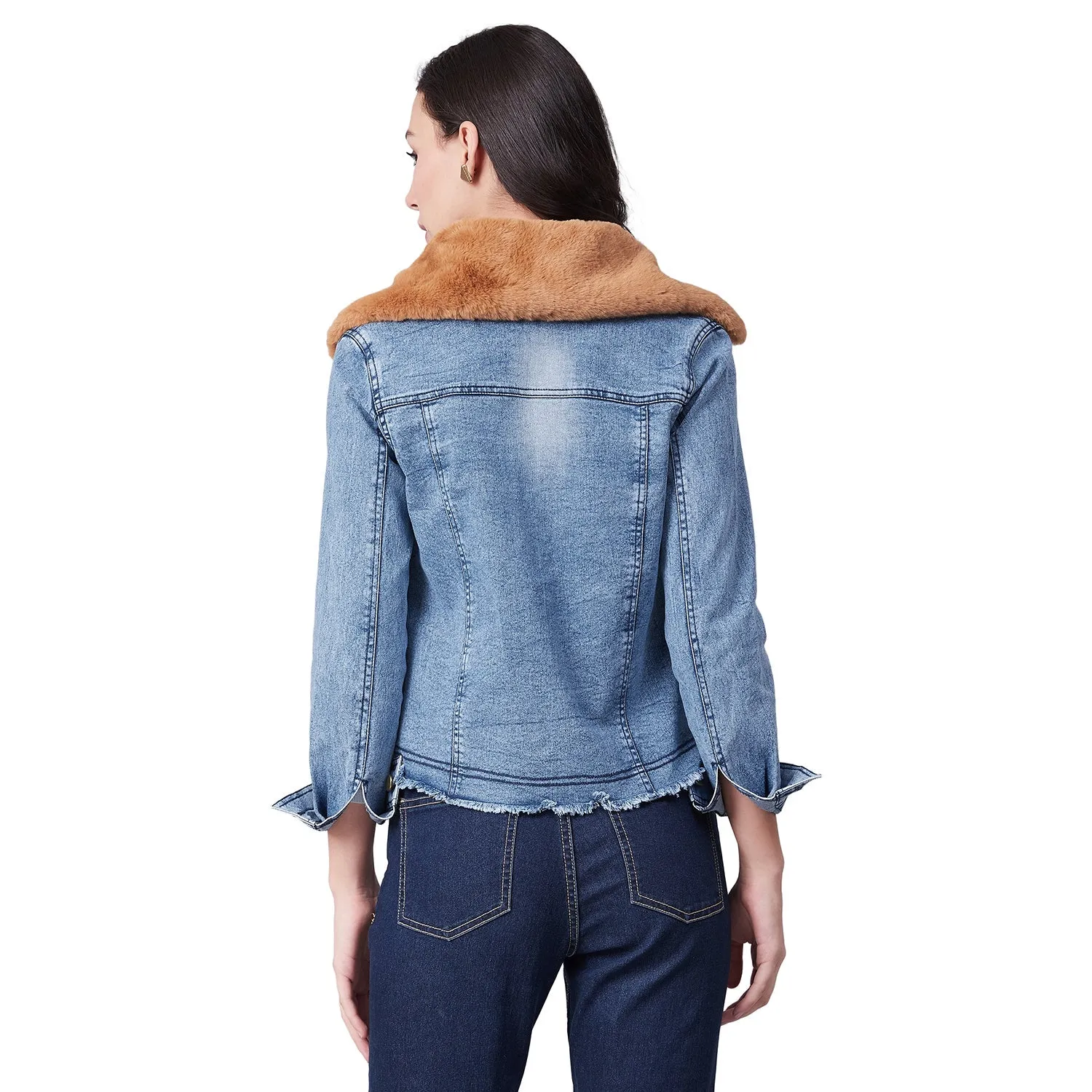 Women's Distressed Denim Jacket with Detachable Brown Fur Collar - StyleStone