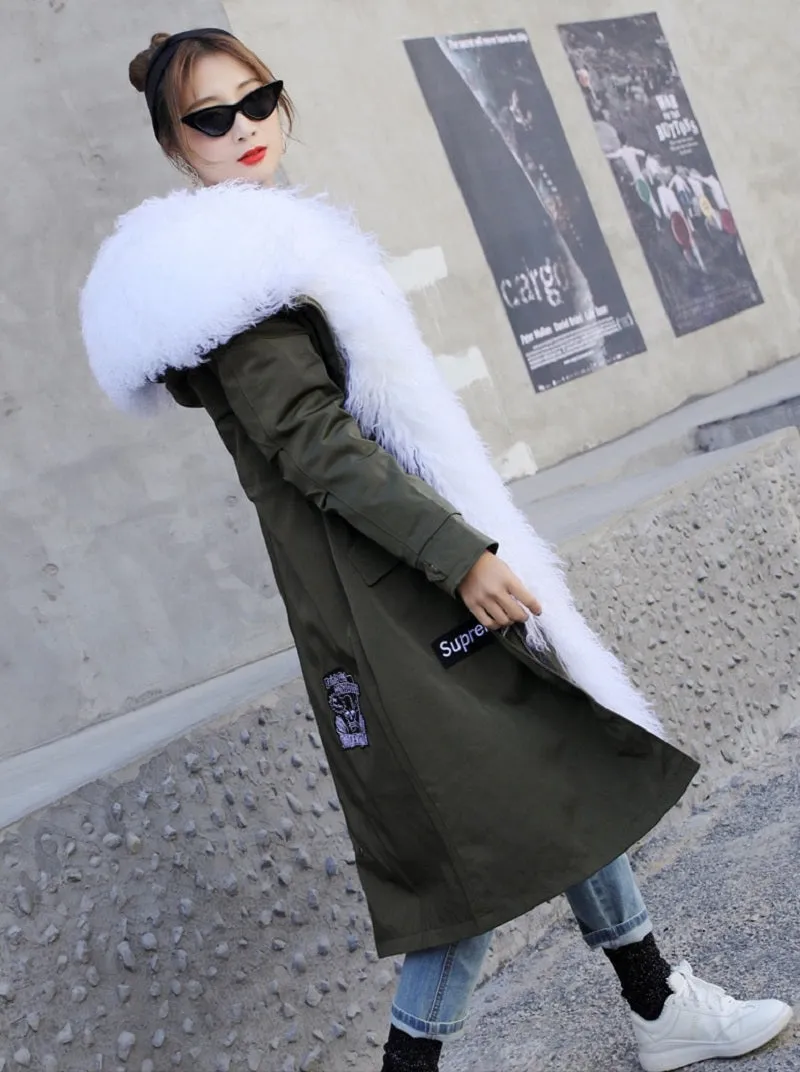 Women's Winter Warm Slim Long Parka With Sheep Fur