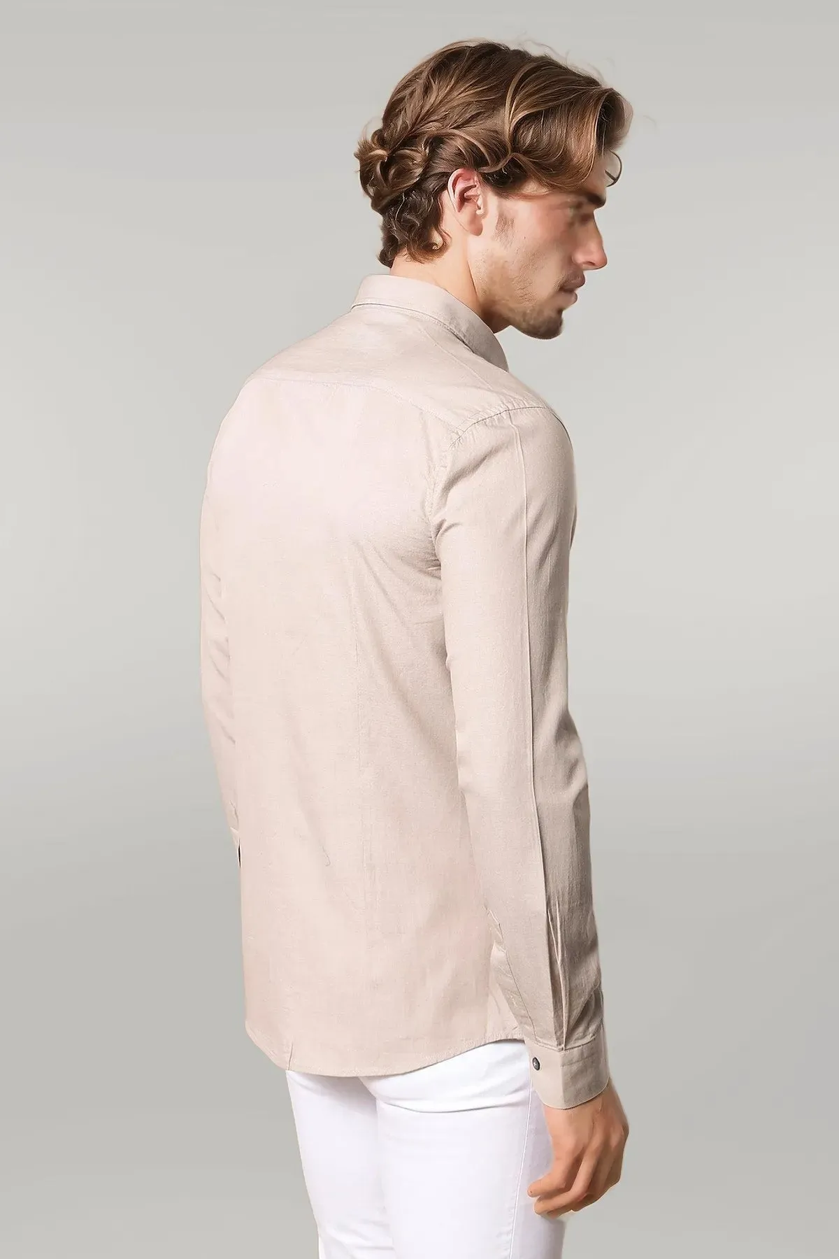 WSS Patterned Cotton Slim Fit Beige Shirt  - Singen